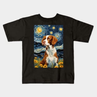 Cute Brittany Spaniel Dog Breed Painting in a Van Gogh Starry Night Art Style Kids T-Shirt